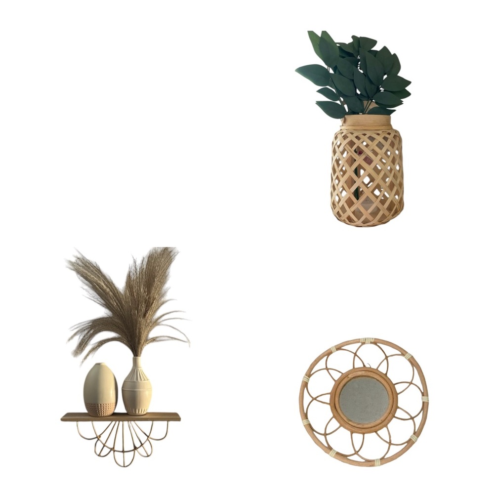Rattan mirror shelf lantern
